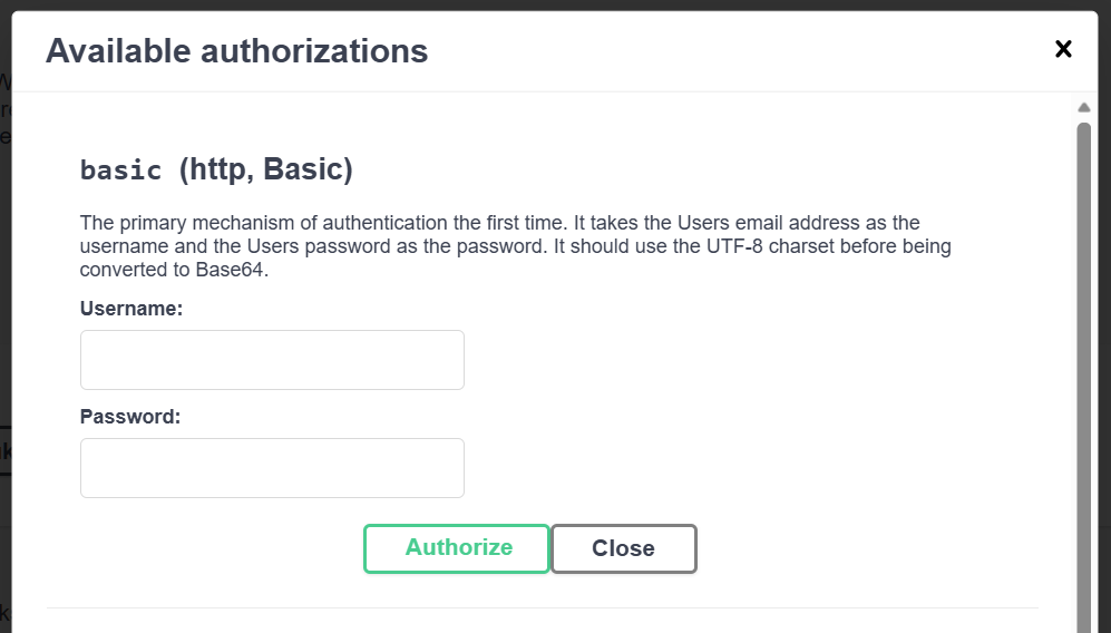 A screenshot of the authorisation pop-up window with input boxes to enter your username and password. An 'Authorize' button is underneath.