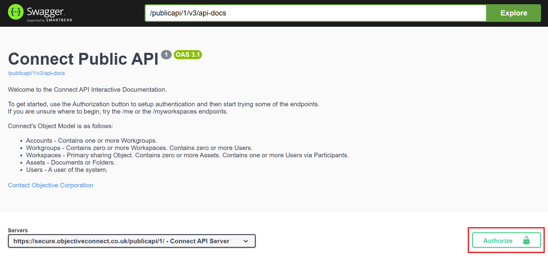 A screenshot of the interactive API documentation, showing the green 'Authorize' button on the right hand side of the view.