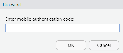 A small pop-up window with prompt 'Enter mobile authentication code' followed by a text input box and buttons to select 'OK' or 'Cancel'.