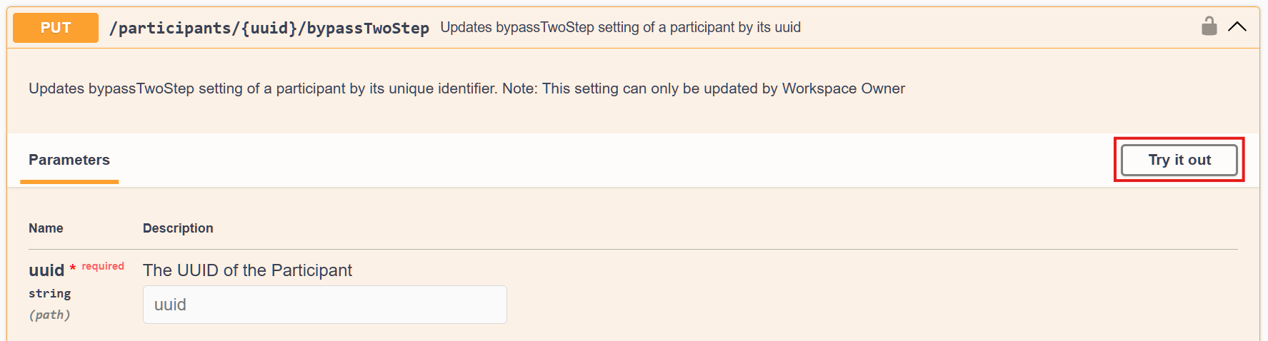 A screenshot of the interactive API documentation, showing the 'Try it out' button on the right hand side of the section for the bypass two step endpoint. 