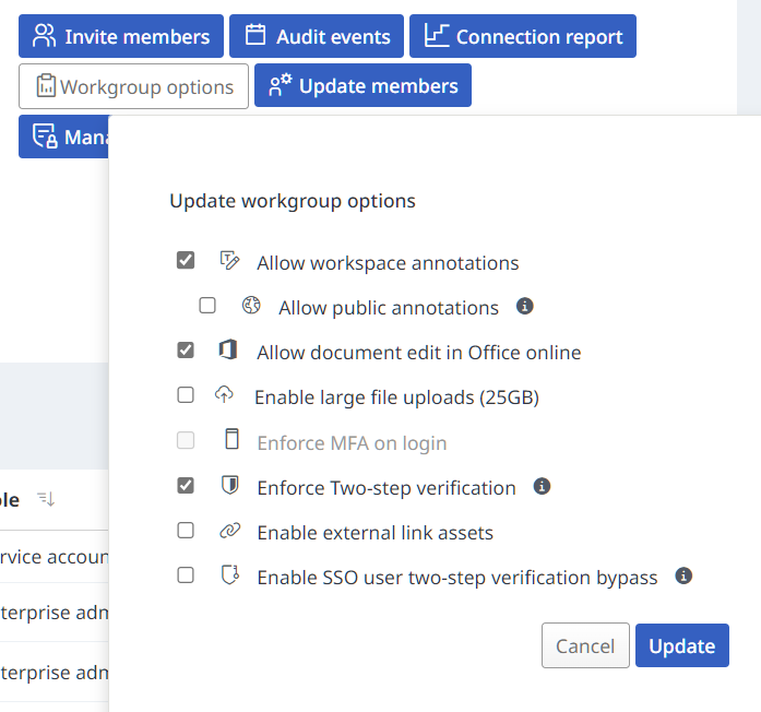 A button for 'Workgroup options' is selected. A menu is visible containing an option to 'Enforce Two-step verification' with a checkbox.